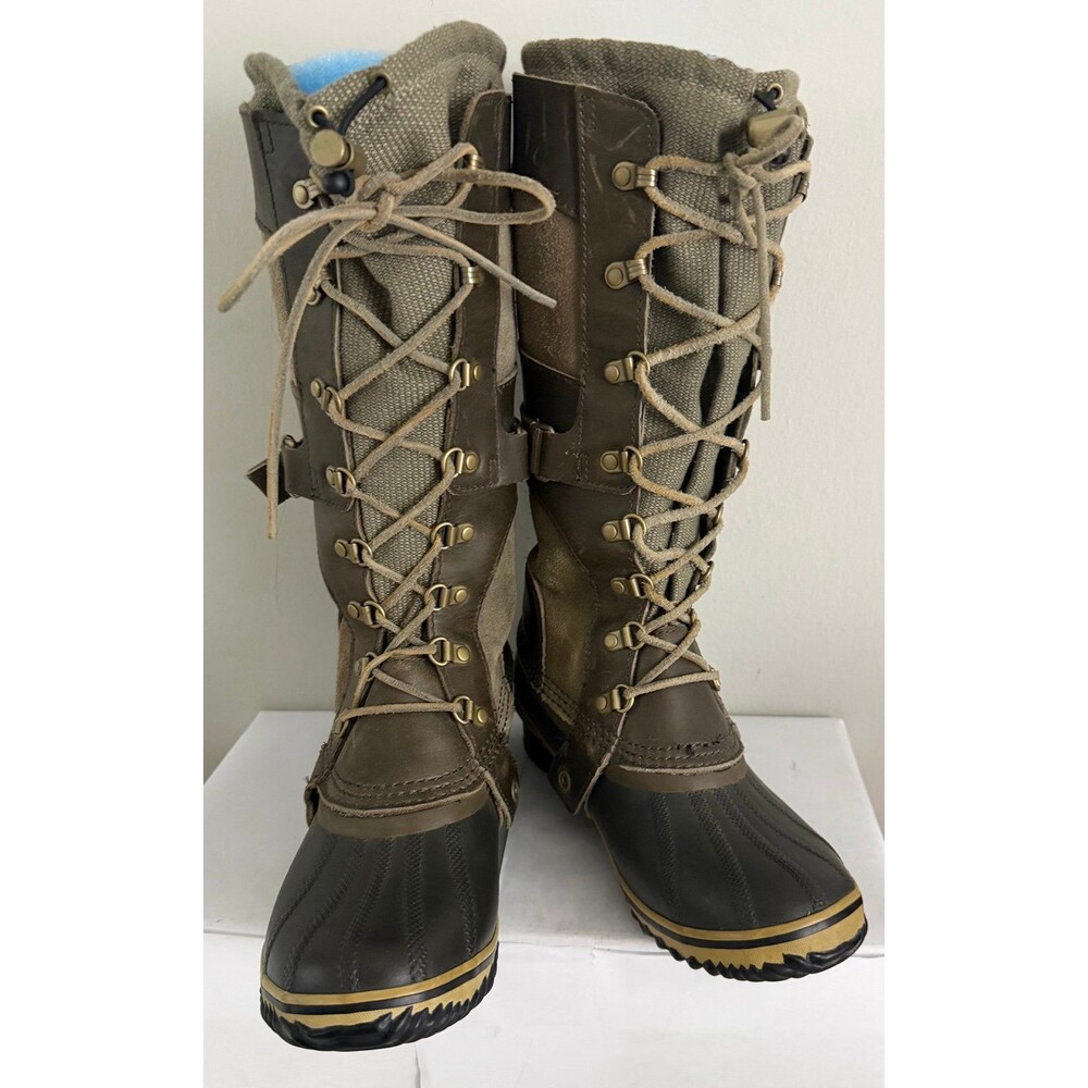 Sorel Conquest Carly Tall Boots US 8.5 Womens Tan Leather Mid Calf Duck Snow